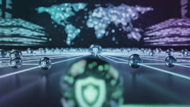 Video showcasing abstract decentralized data network inspired by blockchain architecture, secure peer-to-peer system visualization, cybersecurity theme and global connectivity backdrop.
