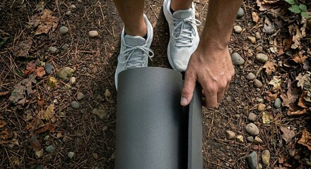Person unrolling a yoga mat outdoors on a trail surrounded by leaves and rocks for a fitness session