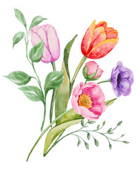 Fototapeta premium Watercolor spring hand drawn colorful floral bouquet summer flower arrangements 