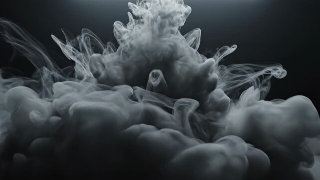 Abstract black vapor cloud formation suspended in a shadowy environment, soft ink-like plumes expanding and folding into each other with fluid slow-motion behavior, diffused top light revealing smooth