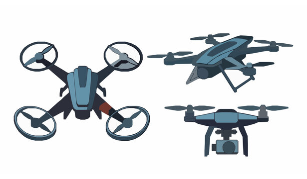 Drone vector set with quadcopter, racing drone, and camera drone illustrations