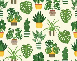 Seamless pattern featuring various potted houseplants on a cream background