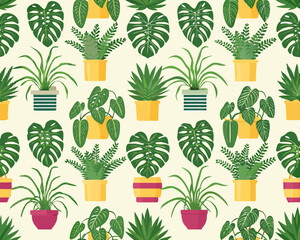 A vibrant repeating pattern of various potted tropical houseplants © MihirKumarMondal
