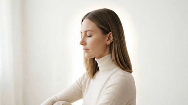 Calm young woman with closed eyes in minimalist studio portrait