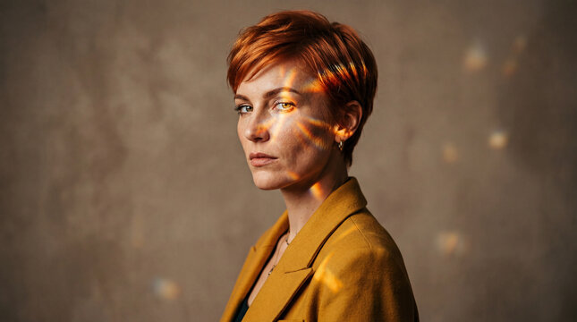 Portrait of stylish woman with creative prismatic light on her face