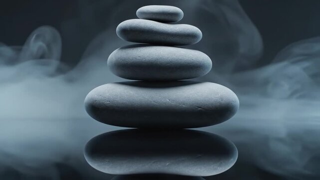 Mindfulness equilibrium concept \'97 minimalist studio scene featuring a perfectly balanced arrangement of matte gray stones suspended slightly above a reflective surface, cool diffused lighting