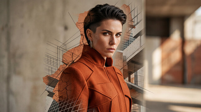 Architectural portrait of a confident woman in a concrete building