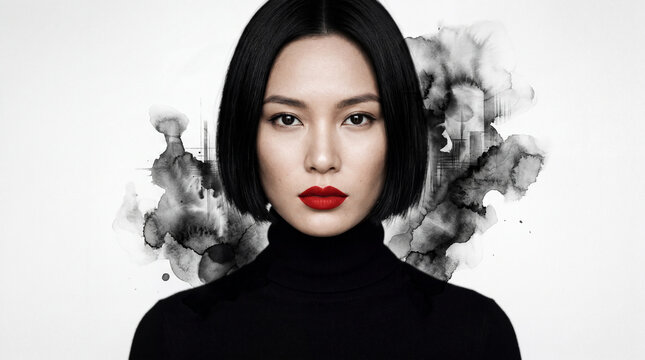 Portrait of beautiful Asian woman with black ink art on background