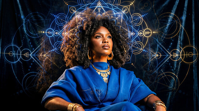 Black Woman with Afro Hair and Sacred Geometry Art
