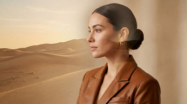 Woman silhouette portrait with double exposure of desert sand dunes