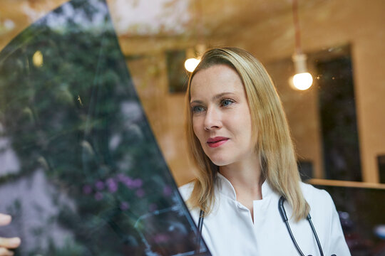 Female doctor looking at x-ray image behind windowpane