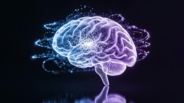 Neural network awareness concept inspired by digital brain icon theme, a dark serene environment where a luminous wireframe brain hovers above a reflective surface, delicate light particles orbiting