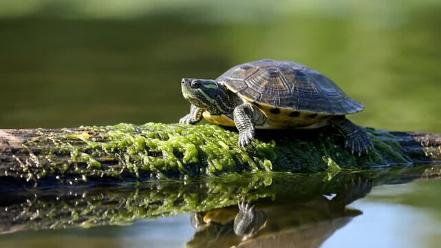 A serene yellow-bellied slider turtle rests on a moss-covered log in calm, reflective water