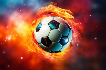 Naklejka premium Soccer ball surrounded by vibrant flames, representing sports competition and intensity