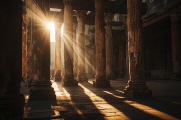 Obraz premium Ancient roman columns stand strong as sunbeams pierce through the historical ruins