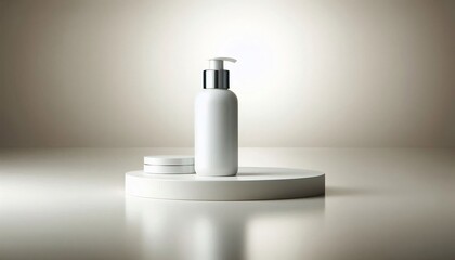 Obraz premium Elegant White Skincare Bottle with Silver Pump on Pedestal.