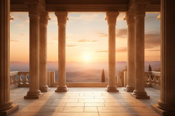 Fototapeta premium Roman style columns framing a scenic mountain landscape during a warm sunset or sunrise