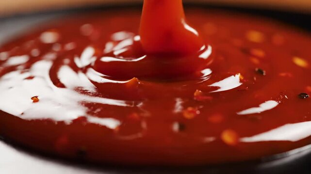 Video of Chili Sauce Gloss \'96 Spicy red liquid sheen, vibrant hot condiment texture, glossy culinary background, bold food concept for restaurant and snack branding.