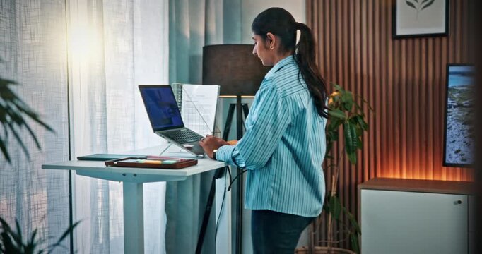 Remote work, laptop and woman on treadmill in home for copywriting, editing and article research. Freelance, house and person on walking pad for health with computer for news, story and online report