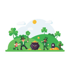 Fototapeta premium Three cheerful leprechauns celebrating st. patrick's day, discovering a magical pot of gold coins amidst a vibrant green landscape under a bright sunny sky.