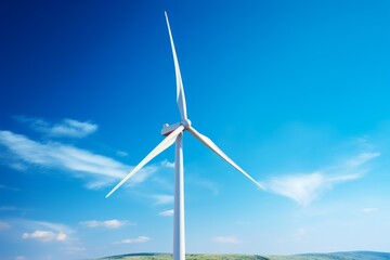 Fototapeta premium Wind turbine standing on a green hill generating clean electricity against a blue sky