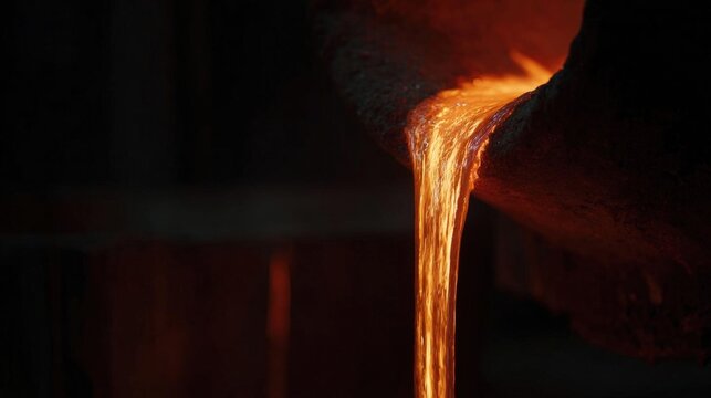 Close-up of a molten metal being poured into a furnace. the molten metal is a bright orange color and is flowing down from the top of the furnace into the bottom right corner of the image.