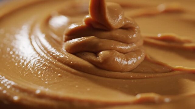 Video of creamy peanut butter surface in detailed macro perspective, natural nut spread backdrop, healthy ingredient theme, gourmet food branding visual.