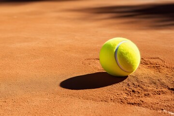 Tennis ball casting shadow on sunlit clay court