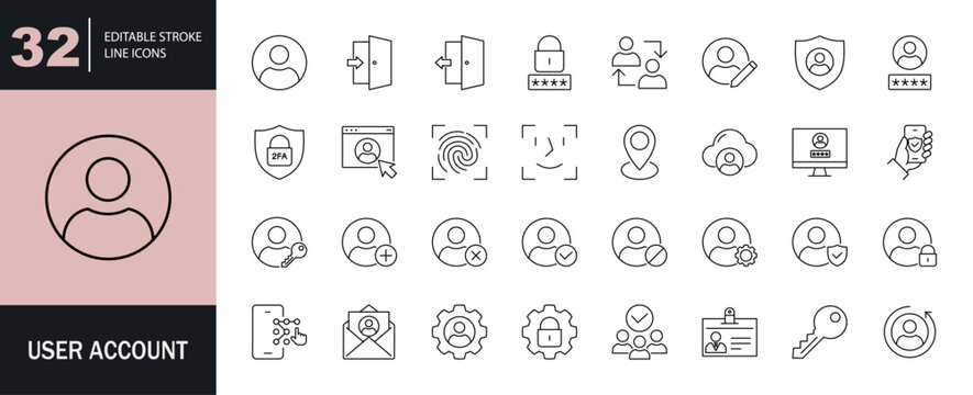 User Account icon set. Containing personal profile, password, login, username, access, avatar, connect, privacy, add friend, and more. Editable line icons. Vector illustration. 