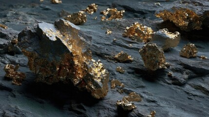 Group of small, irregularly shaped rocks scattered on a dark, textured surface. the rocks appear to be made of a shiny, metallic material, possibly gold or silver, and have a rough, uneven texture.