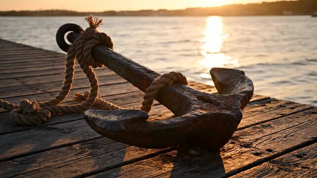 Nautical anchor resting on weathered wooden dock at golden hour, cinematic wide shot with warm sunlight grazing the textured metal surface, subtle rust details and worn rope loosely coiled around the