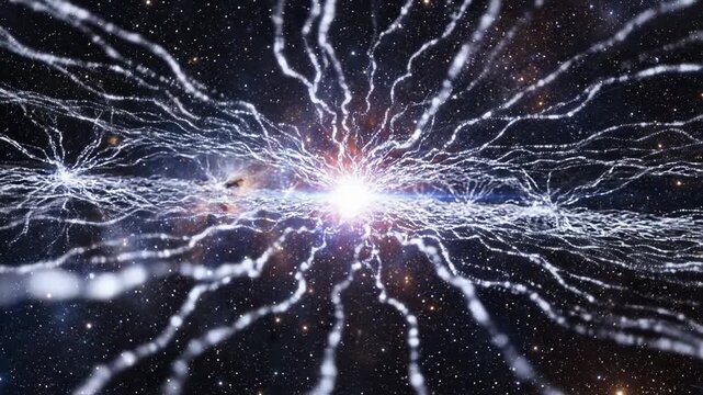 Video of interstellar particle field shaping intelligent data web, astrophysics and artificial intelligence theme, futuristic universe background for technology storytelling with radiant micro lights