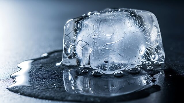 Clear Ice Cube on Dark Surface.