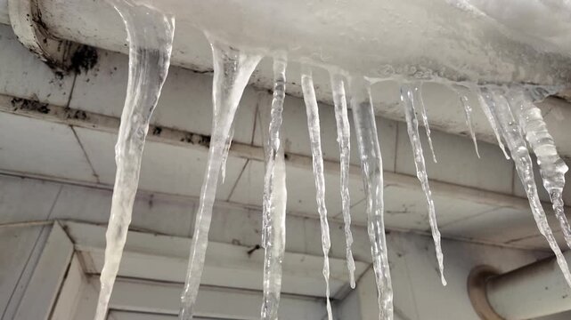 Stunning icicles hanging from a snow-covered roof against a clear blue sky. Winter nature scene with long transparent ice formations on a building eave in bright sunlight.