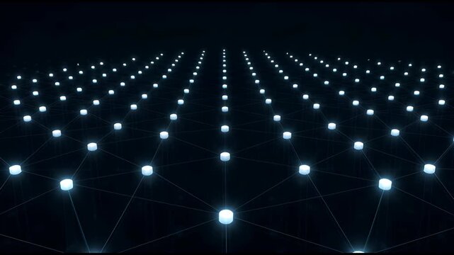 Dark tech grid with glowing nodes slowly activating