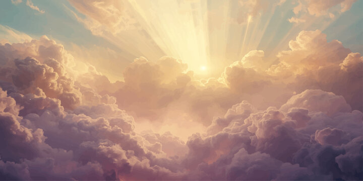 A beautiful bright sunrise beams through the blue atmosphere as golden sunlight rays pierce the white clouds of a heavenly summer cloudscape