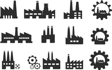 Industrial, factory, manufacturing, plant, industry, production, machinery, gear, silhouette, icons, set, refinery, equipment, engineering, infrastructure, power, vector, collection, buildings, symbol