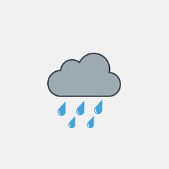 Flat cloud icon with multiple blue raindrops, set against a light gray background, perfect for weather and climate applications.