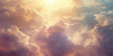 Beautiful white clouds and the golden sun drift across a dramatic blue sky landscape, creating a beautiful summer cloudscape filled with natural light and a sense of heavenly space © Asad Shehbaz