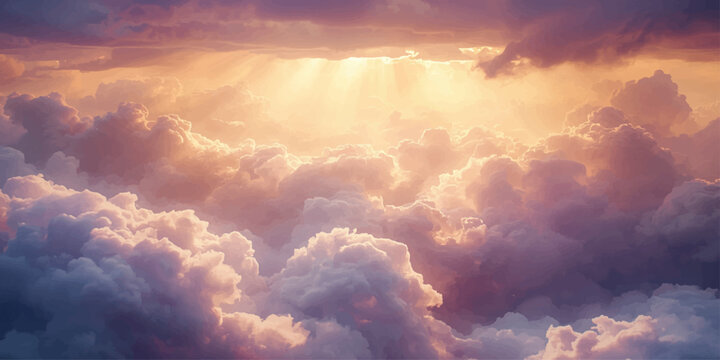 A dramatic summer cloudscape features white clouds and the sun breaking through a blue sky to create a beautiful light over the natural landscape
