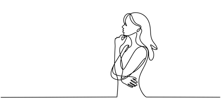 standing woman thinking continuous one line drawing, Continuous line drawing of beautiful pensive female standing looking away against. Single one line drawing of standing woman thinking. Vector.