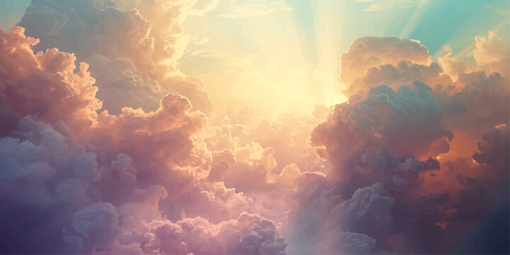 A dramatic summer sunset breaks through the dark storm clouds, casting beautiful golden sunlight across the blue sky and creating a heavenly nature landscape within the atmospheric cloudscape