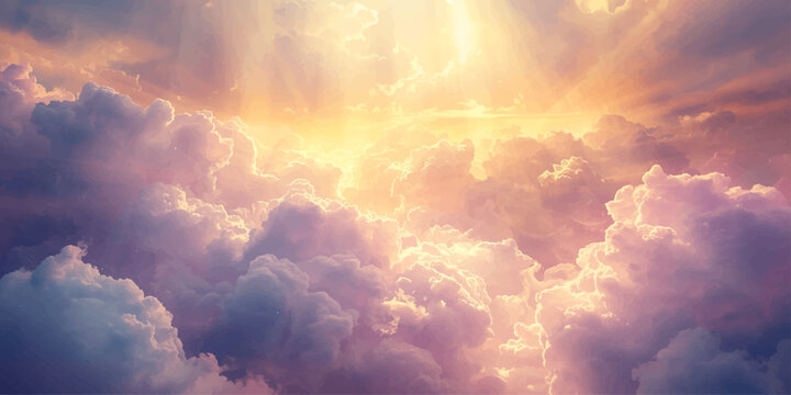 The beautiful blue sky and white clouds glow with sunlight during a summer sunrise, creating an abstract cloudscape of orange light and natural beauty