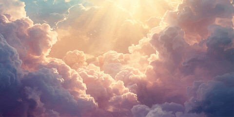 Fluffy white cumulus clouds drift across a bright blue summer sky as sunlight breaks over the mountains to create a beautiful and serene nature cloudscape © Asad Shehbaz