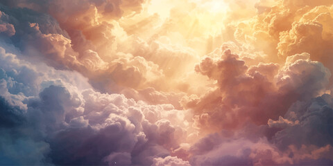 Dramatic white clouds and golden sun light drift across a beautiful blue summer sky in this abstract nature cloudscape © Asad Shehbaz