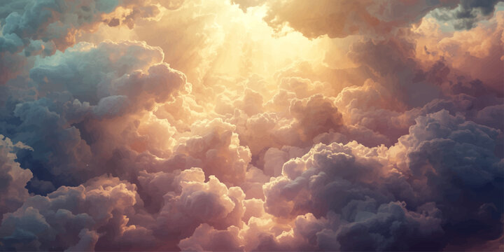 A dramatic summer cloudscape features white clouds drifting across a bright blue sky as sunlight pierces through a dark storm to create an abstract heaven of light and nature