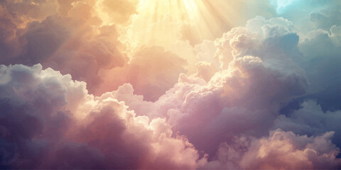 Bright white fluffy cumulus clouds drift across a summer blue sky as the sun shines through the atmosphere in a clear nature cloudscape © Asad Shehbaz