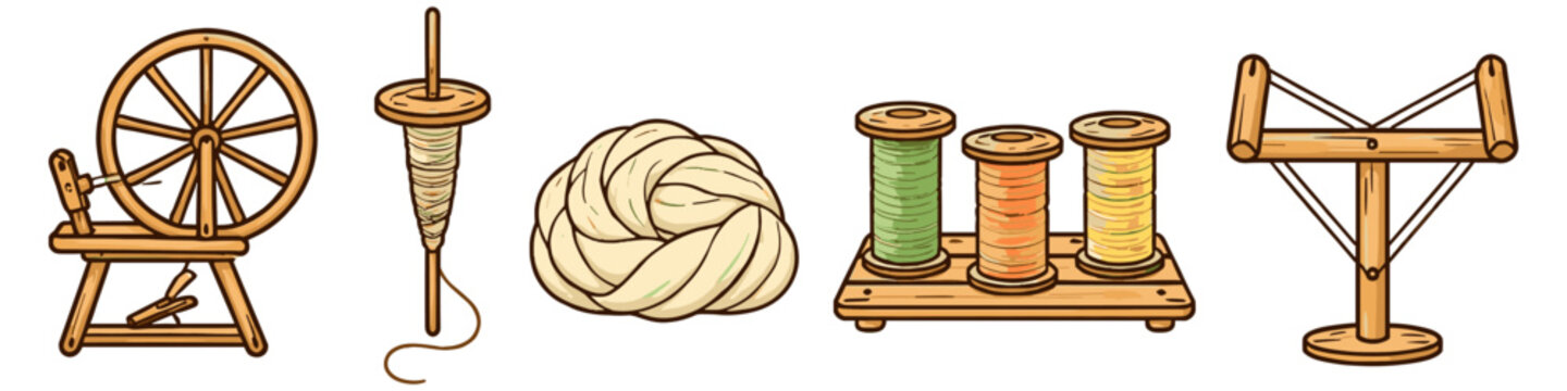 Collection of traditional textile crafting tools and materials for spinning yarn
