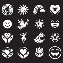 Naklejka premium Set of white solid icons for positivity and nature. Smiling earth, peace dove, happy faces, charity hands, and environmental symbols on black