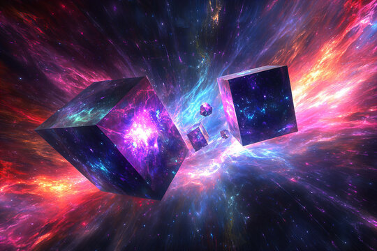 Quantum cube galaxy abstract space art neon cosmic light vibrant energy futuristic science surreal dimension colorful nebula universe vision digital fantasy deep star field